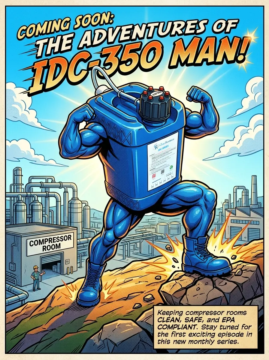 An anthropomorphic IDC-350 Oil-Water Separator stands atop a hill overlooking an industrial park. He flexes his muscles as the sun glows brilliantly behind him. A dramatic comic book style title reads Coming Soon: The Adventures of IDC-350 Man!